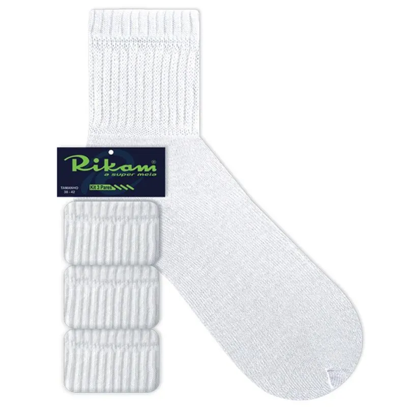 Kit 3 Pares Meia Esportiva Adulto Branca Lisa 38/42 Rikam - Miess