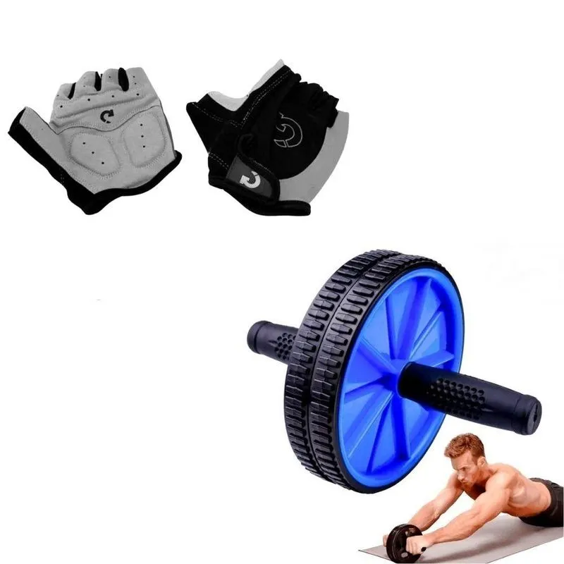 Kit Par De Luvas Gel + Roda Dupla De Exercício Abdominal Treino Em Casa Academia