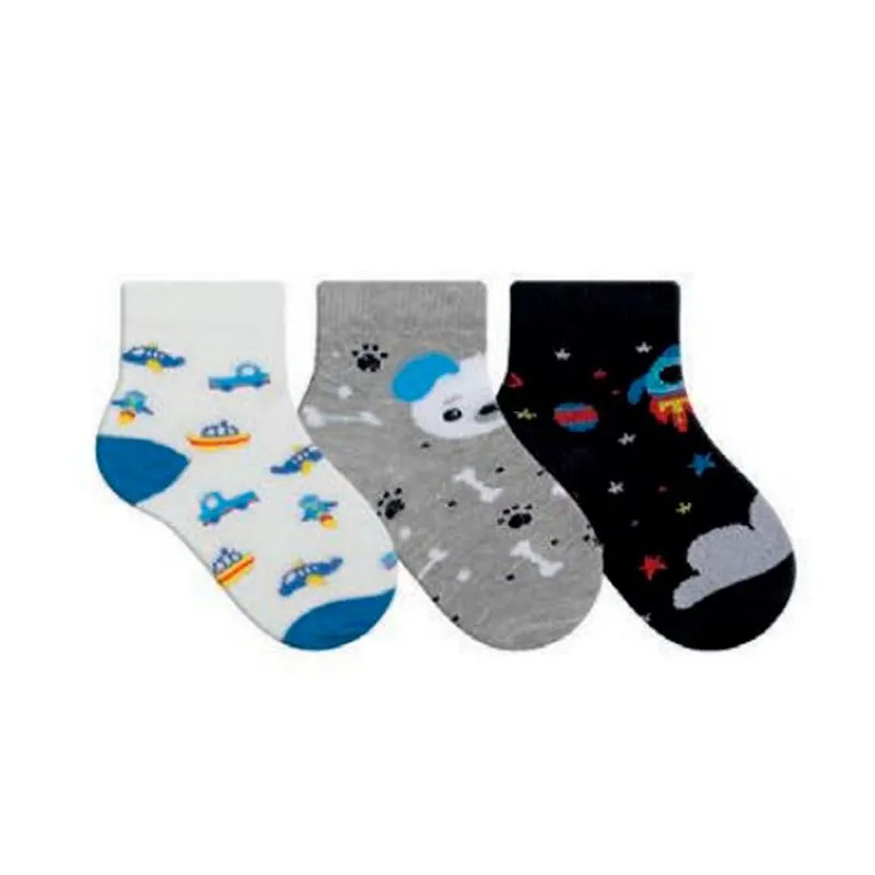 Kit Meia Bebê Para Menino Com 3 Pares Estampada 16 Ao 19