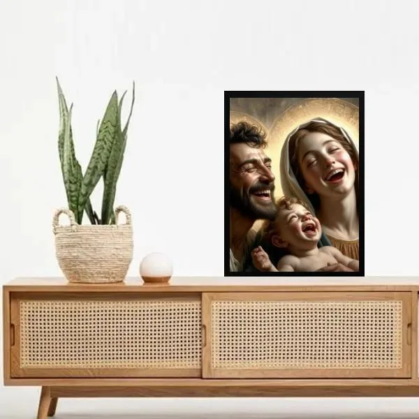Quadro Decorativo Sagrada Família Sorridente 33x24cm - Vidro