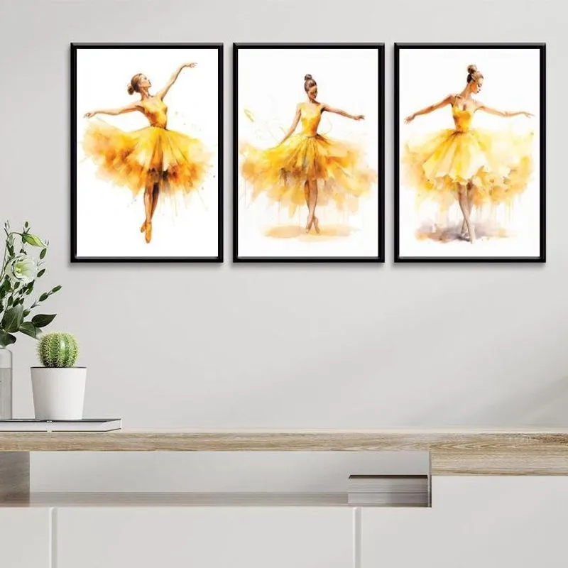 Kit 3 Quadros Bailarinas Amarelas - Aquarela 45X34Cm