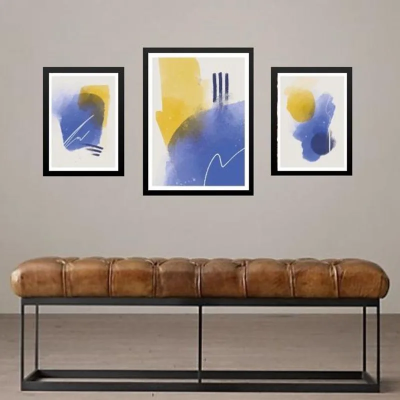 Set 3 Quadros Abstratos Azul E Amarelo - Com Vidro