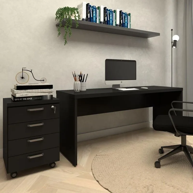 Escrivaninha Com Gaveteiro 4 Gavetas 170cm Preto F5 Office