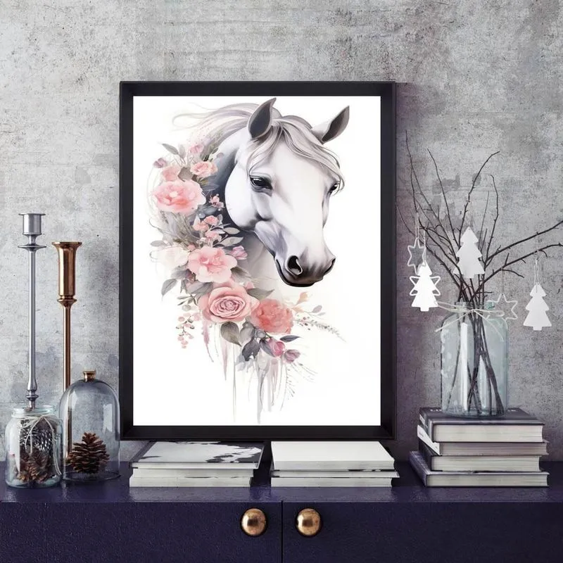 Quadro Cavalo Branco Com Flores 33X24Cm