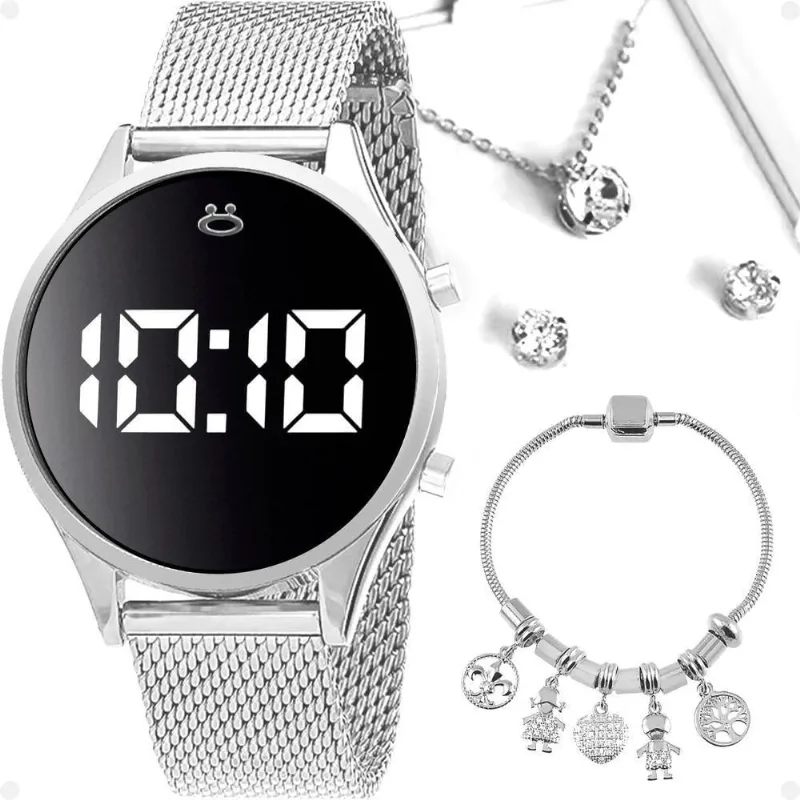 Relogio Feminino Aço Prata Digital Caixa Brincos Colar