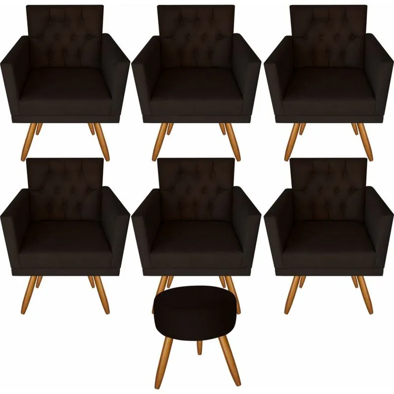 Kit 6 Poltronas Decorativas Sala Capitonê E Puff Marrom