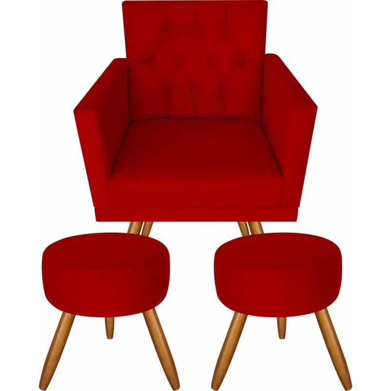 Poltrona Decorativa Cadeira Larah Capitonê Vermelho E 2 Pufs