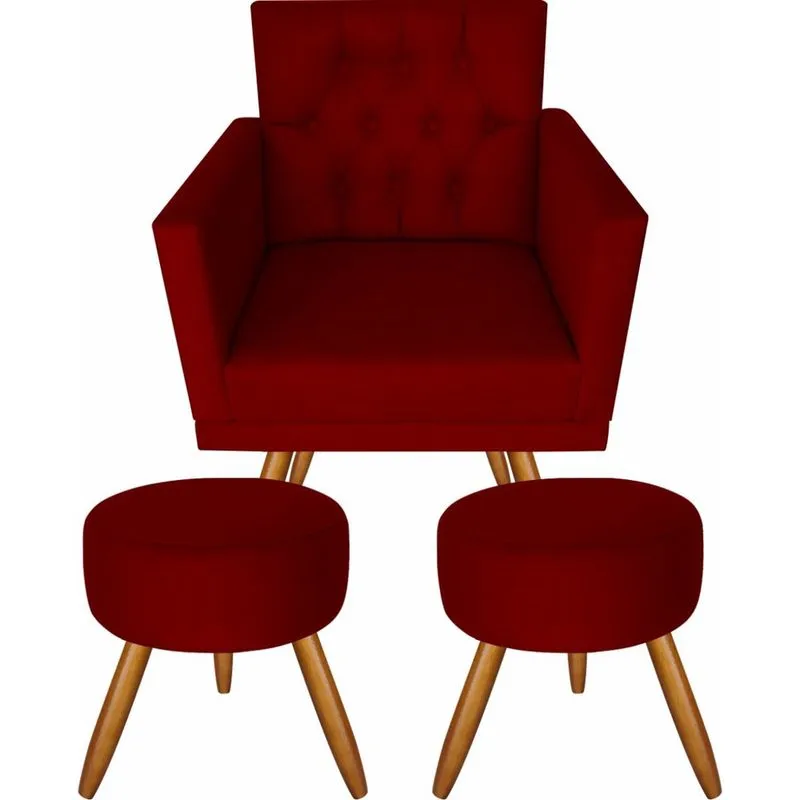 Poltrona Decorativa Cadeira Larah Capitonê Marsala E 2 Puffs