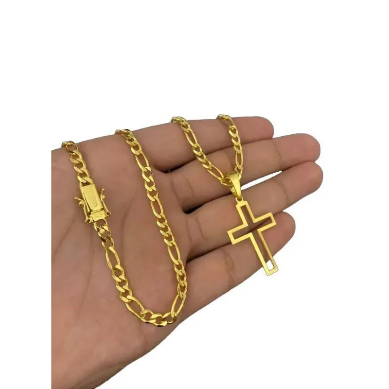 Cordão 3x1 5mm + Pingente Cruz Vazado Ouro 18k