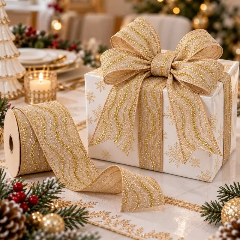 Rolo Fita Aramada Enfeite Decoração Natal 6,3cm x 9m Bege e Dourado 1