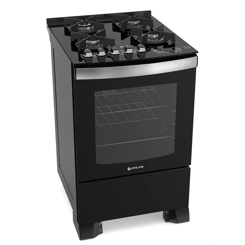Fogão de Piso 4 Bocas Preto Atlas Top Gourmet Glass Bivolt