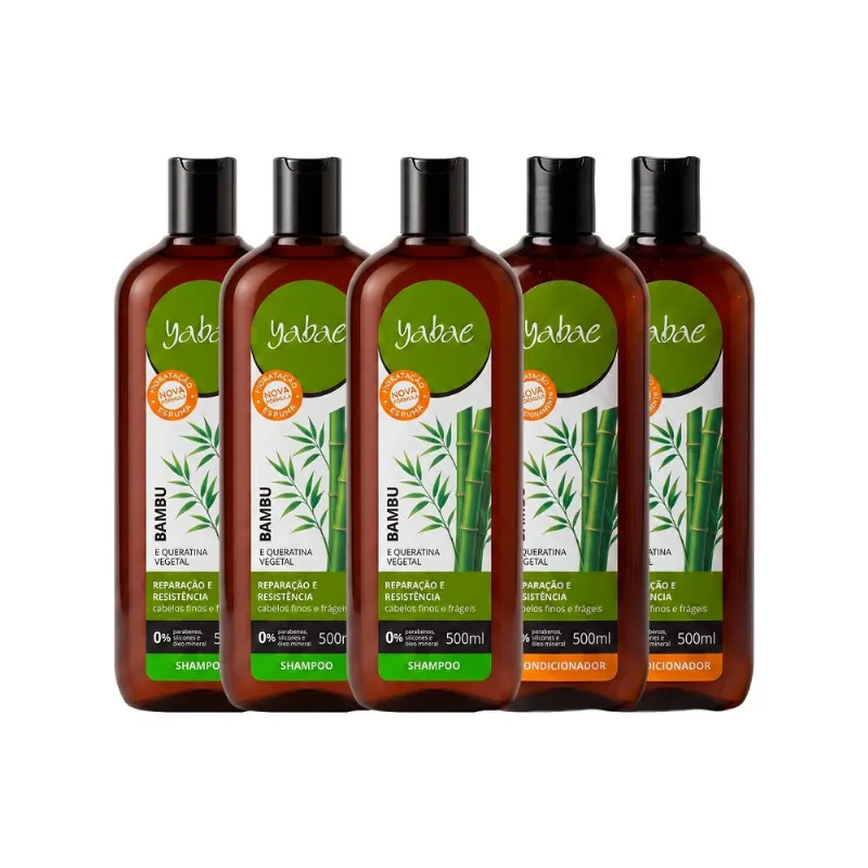 Kit Bambu E Queratina - 3 Shampoos 500ml E 2 Condicionadores 500ml - Yabae - Vegano