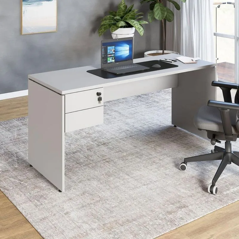 Mesa Para Escritório Com Gaveteiro Pé Painel 2 Gavetas 160cm Cinza F5 Office