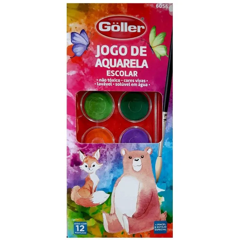 Estojo Jogo Aquarela Pintura 12 Cores Vivas + Pincel Escola