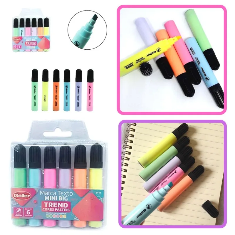 Marca Texto Caneta Tons Pastéis Kit 6 Cores Marcadores Mini