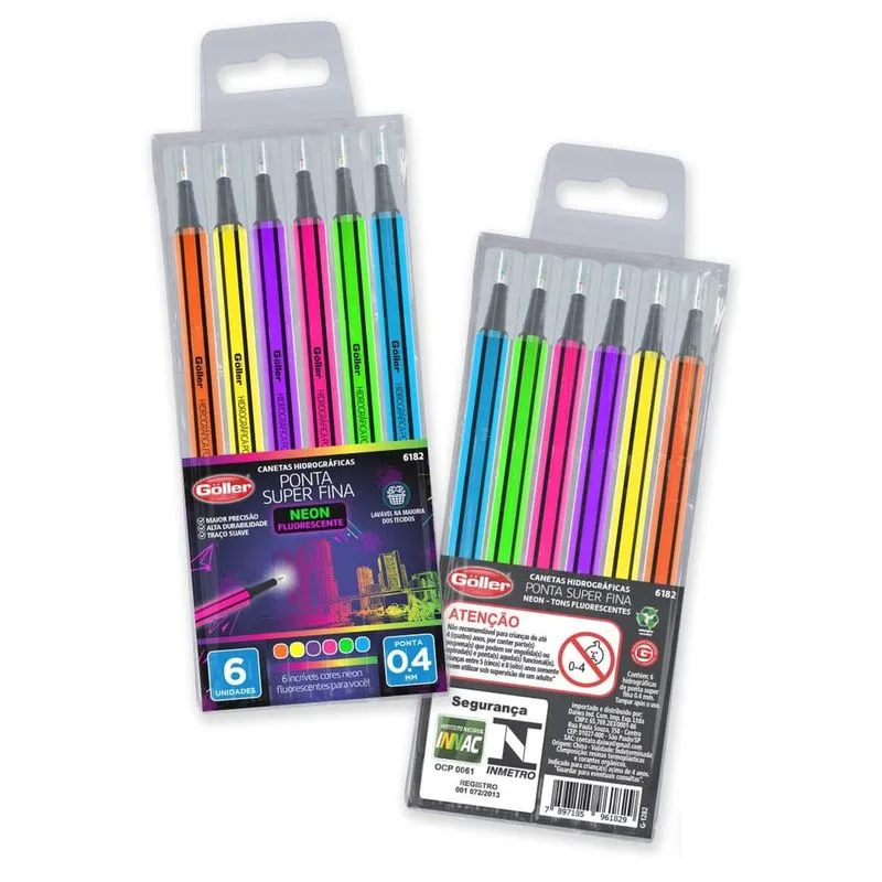 Canetas Hidrográficas 0.4mm Ponta Super Fina 6 Cores Neon