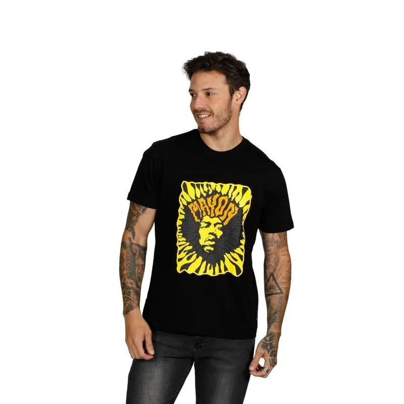 Camiseta Mayon Hendrix Psicodelia em Algodão Egípcio Preto