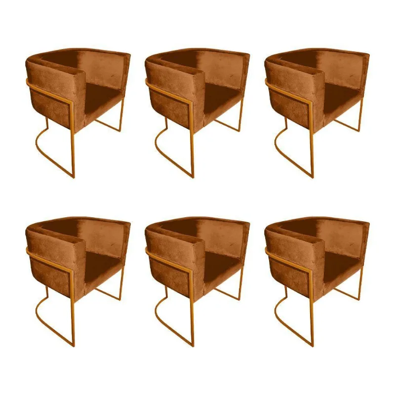 Kit 6 Poltronas Decorativa Sala De Estar Base De Ferro Cobre Veludo Terracota Laranja