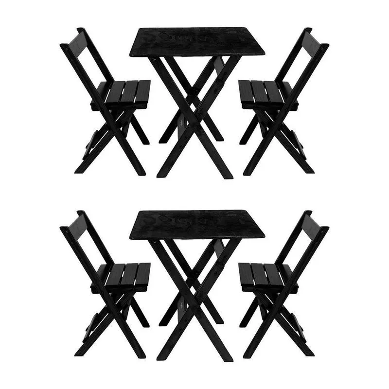 Kit 2 Conjuntos Mesa Dobrável Para Bar E Restaurante 60x60cm Com 2 Cadeiras Em Madeira Maciça - Pret - Preto