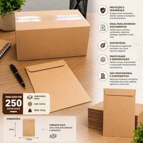 Pacote 250 Envelopes Pardo 176x250 Milimetros Resistente Protecao Envio Seguro