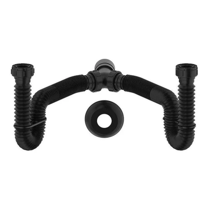 Sifão Universal Sanfonado Duplo Com Anel Plástico Antiaderente Preto Plasbohn Tubo Extensível