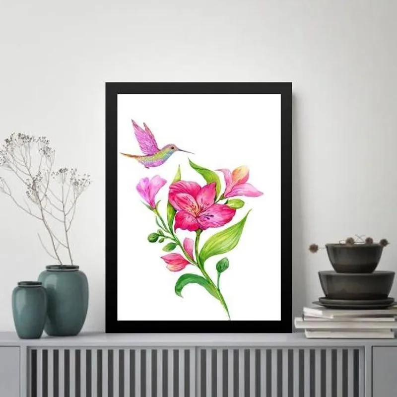Quadro Pássaro Beija-Flor Rosa 45X34Cm
