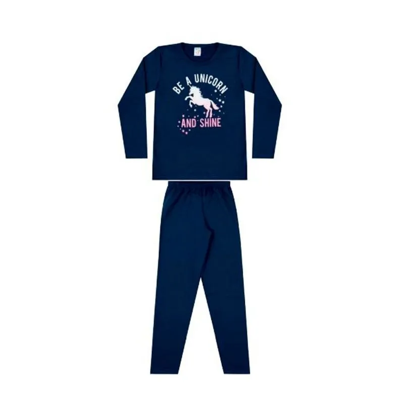 Pijama Feminino Juvenil Moletom Estampado Quentinho - 10 - Azul Escuro