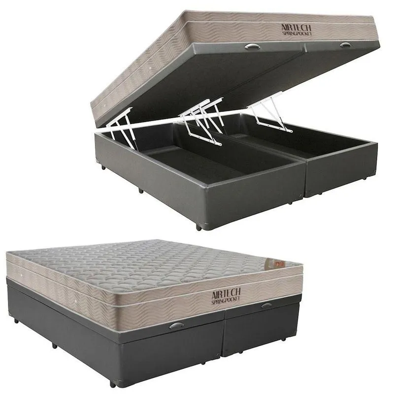 Cama Box Baú King Airtech Molas Ensacadas Euro Pillow Courino Cinza Ortobom