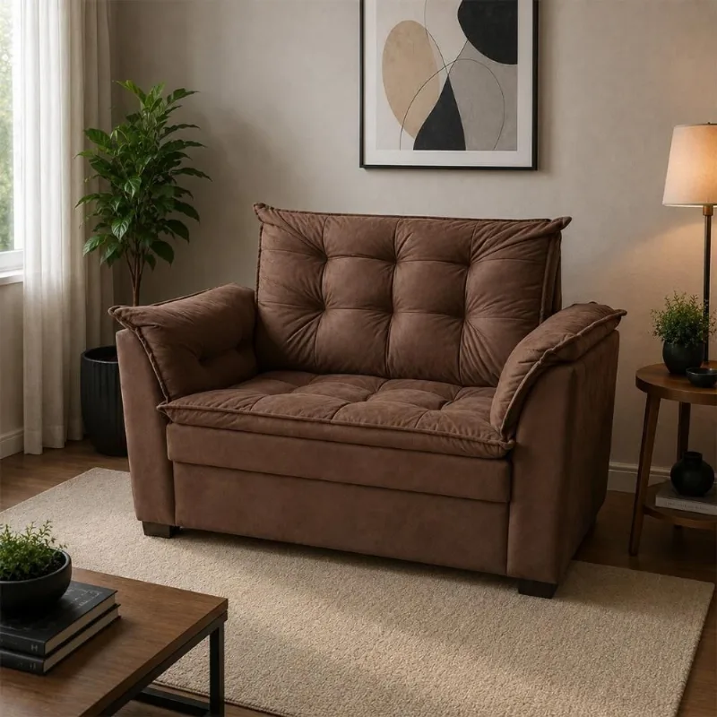 Sofá Alice 2 Lugares Compacto Suede com Espuma D-28 Marrom Escuro Império Decor 140CM