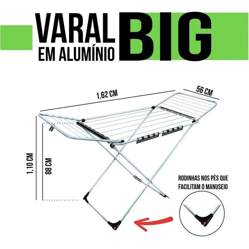 Varal Chão Abas Dobrável Grande Aluminio Super Resistente