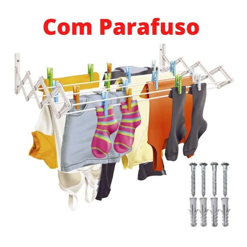 Varal Sanfonado Aço Retrátil Parede Lavanderia Branco 60cm