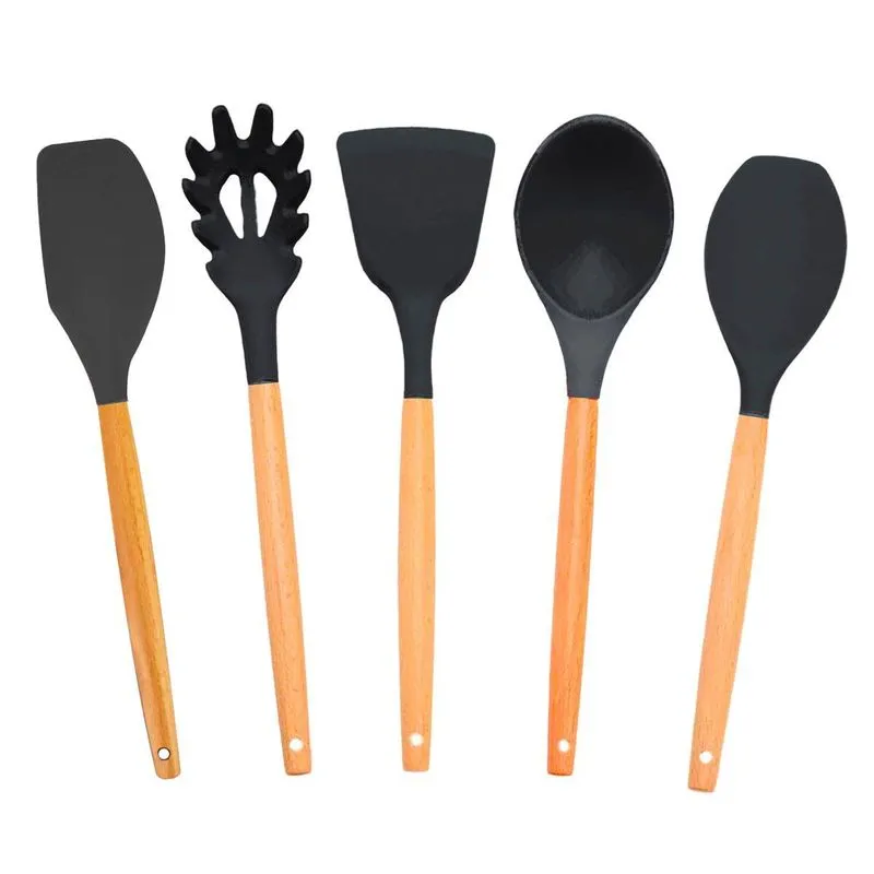 Kit 5 Utensílios Culinários De Silicone Para Cozinha Preto