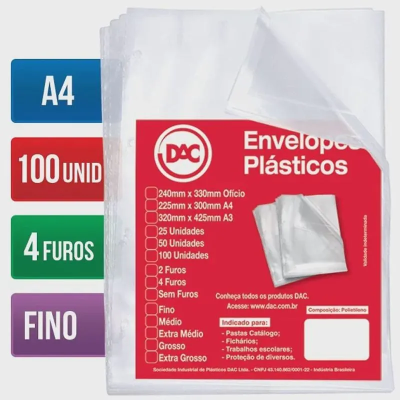 Saco Plastico Envelope 225 X 300MM A4 Fino 4 Furos 100 Unidades