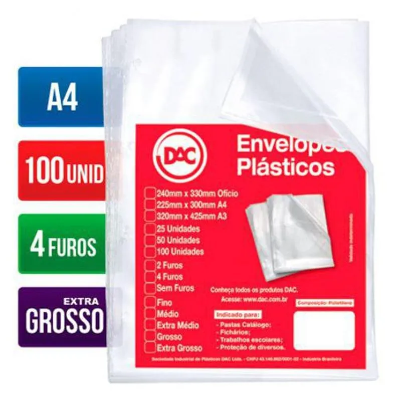 Envelope Plástico A4 0.20 4 Furos 5088a4 100 Un Dac