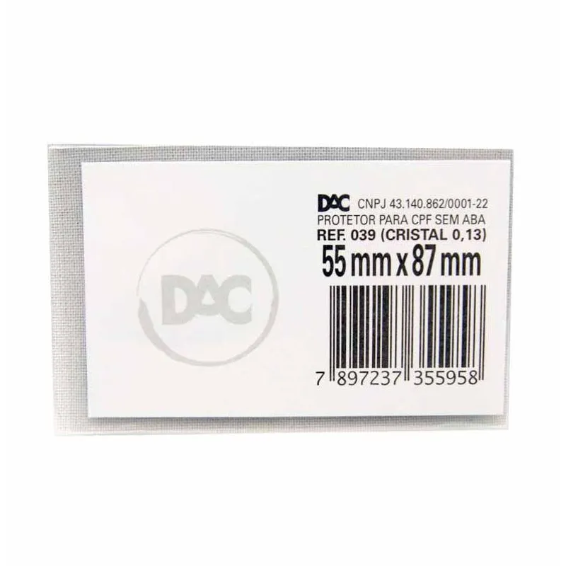 Protetor Transparente sem Aba 55x87mm para CPF 039 Dac - 100UN