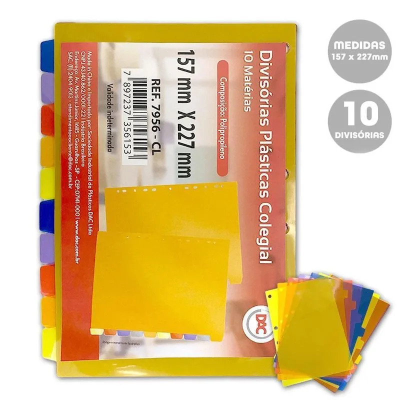Divisórias Fichário Colegial 10Unid 4 Furos Coloridas Dac