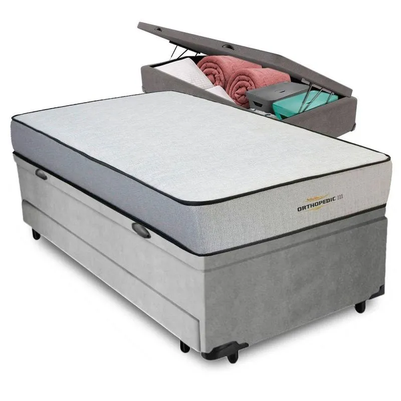 Cama Box Solteiro Solteirão Bicama com Baú Colchão Orthopedic D33 Espuma Cinza Vtech
