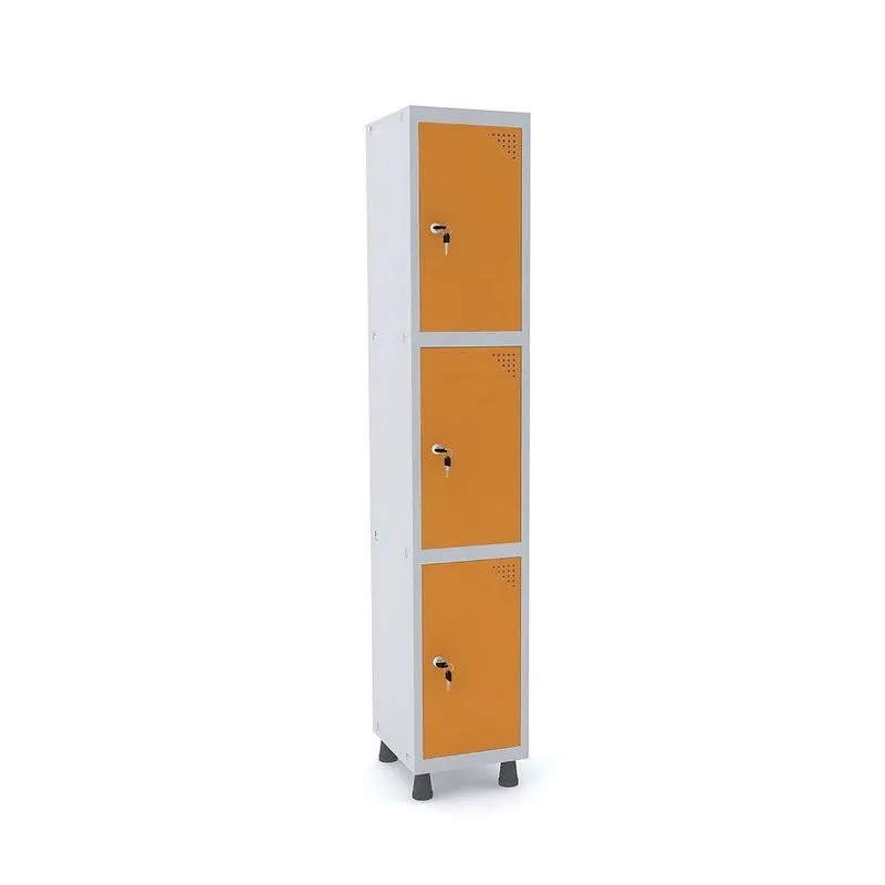 Armário Guarda Volume Locker Roupeiro 1 Vão 3 Portas Aço GRF501/3 Cinza e Laranja - Pandin