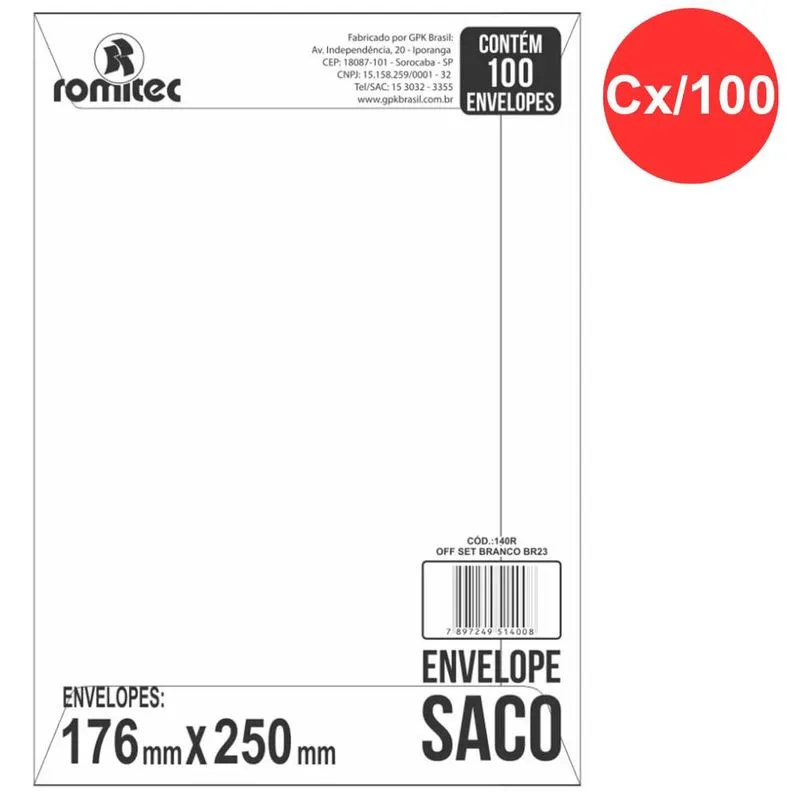 Envelope Saco Branco 75g 176x250mm Cx/100 Romitec