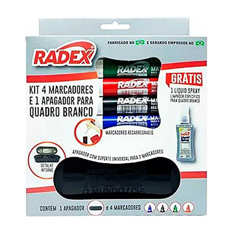 Kit 4 Marcadores, Apagador e Spray Limpador para Quadro Branco Radex