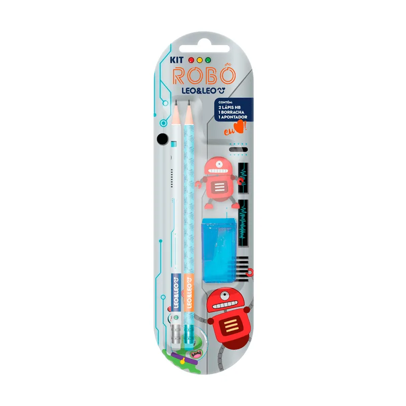 Kit Robô Leo&amp;leo 2 Lápis Borracha Apontador Sortido