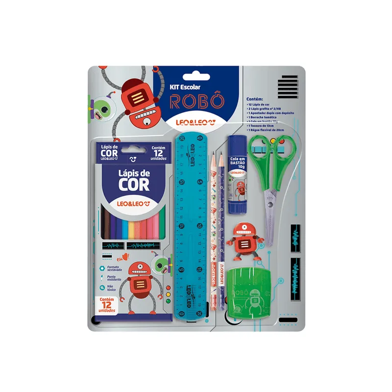 Kit Robô Leo&Leo Lápis de Cor 12 Cores + 7 Itens