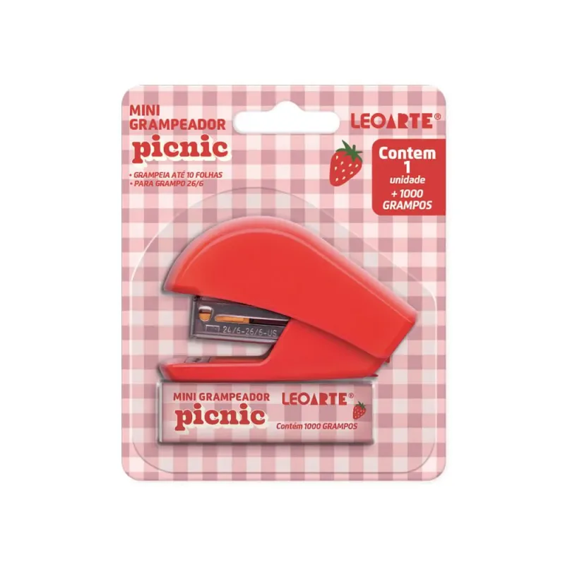 GRAMPEADOR MINI PICNIC VERMELHO P/ 10 FOLHAS C/ 1000 GRAMPOS 93109 LEOARTE