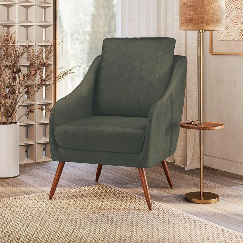 Poltrona Libia Decorativa Com Encosto Em Fibra Siliconada Veludo Confortável Cinza Escuro Movellu