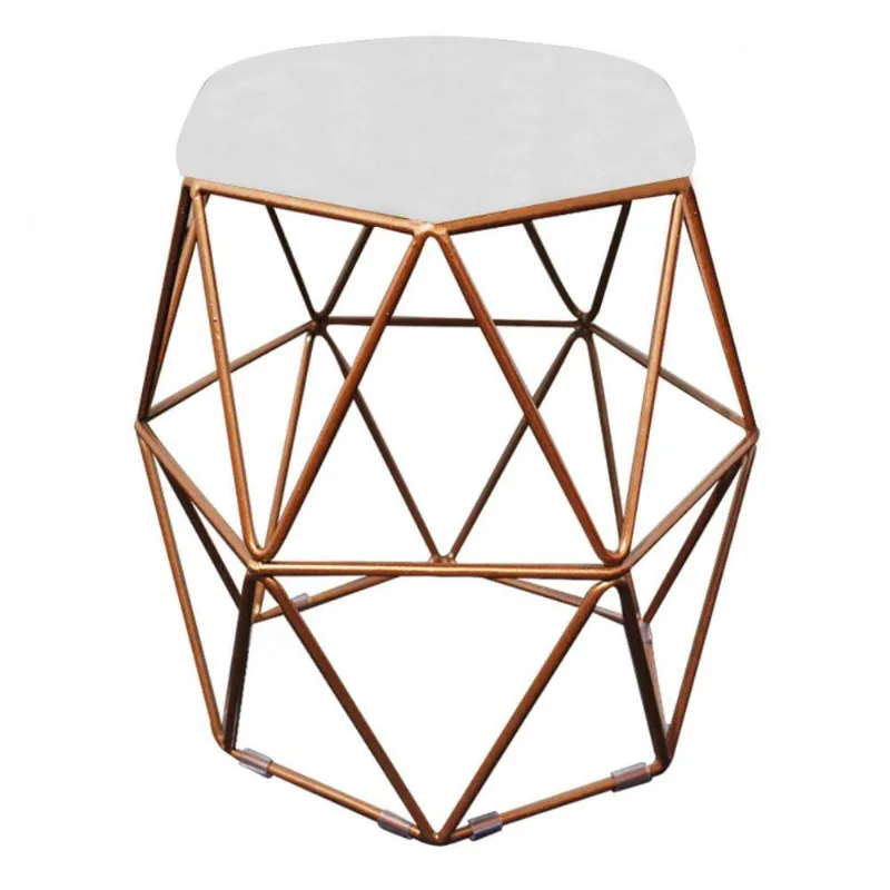Puff Banqueta Aramado Luna Hexágono Base Bronze Corino Branco
