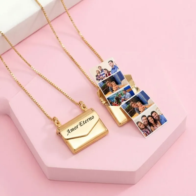 Relicário Envelope Com Fotos | Colar Relicário
