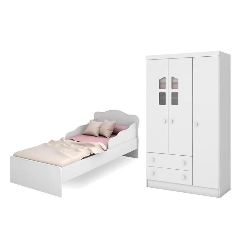 Guarda Roupa 3 Portas Amore e Mini Cama Doce Sonho Branco ¿ Qmovi