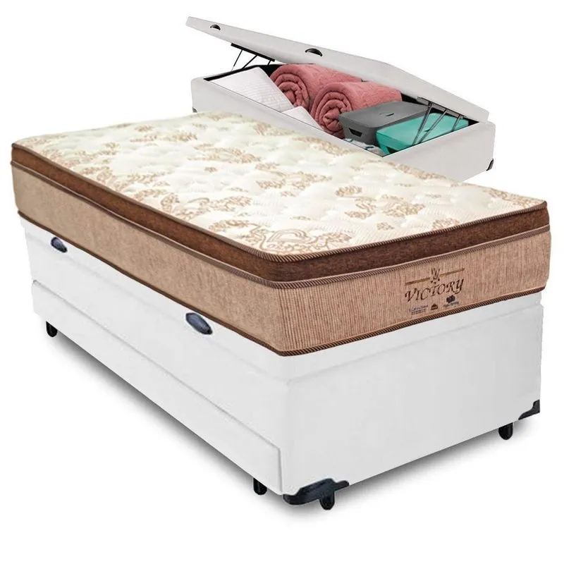 Cama Box com Baú Solteiro Victory Euro Pillow Molas Ensacadas Branco Vtech