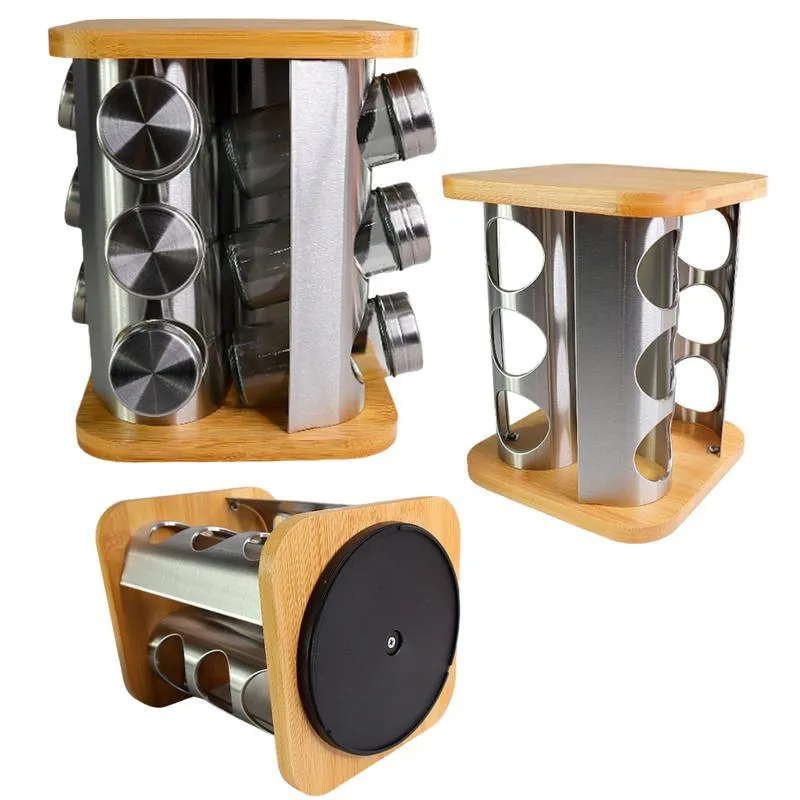 Suporte Porta Temperos Giratório 360 Inox E Bambu 12 Potes