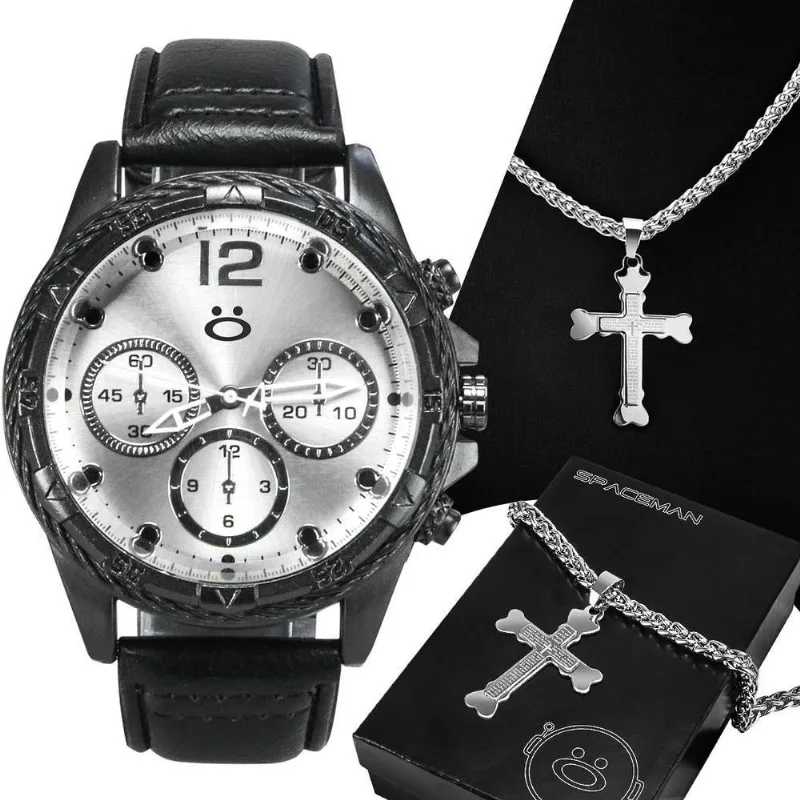 Relogio Masculino Preto Aço Inox + Corrente Cruz Prata Casual Original Grande Presente Social